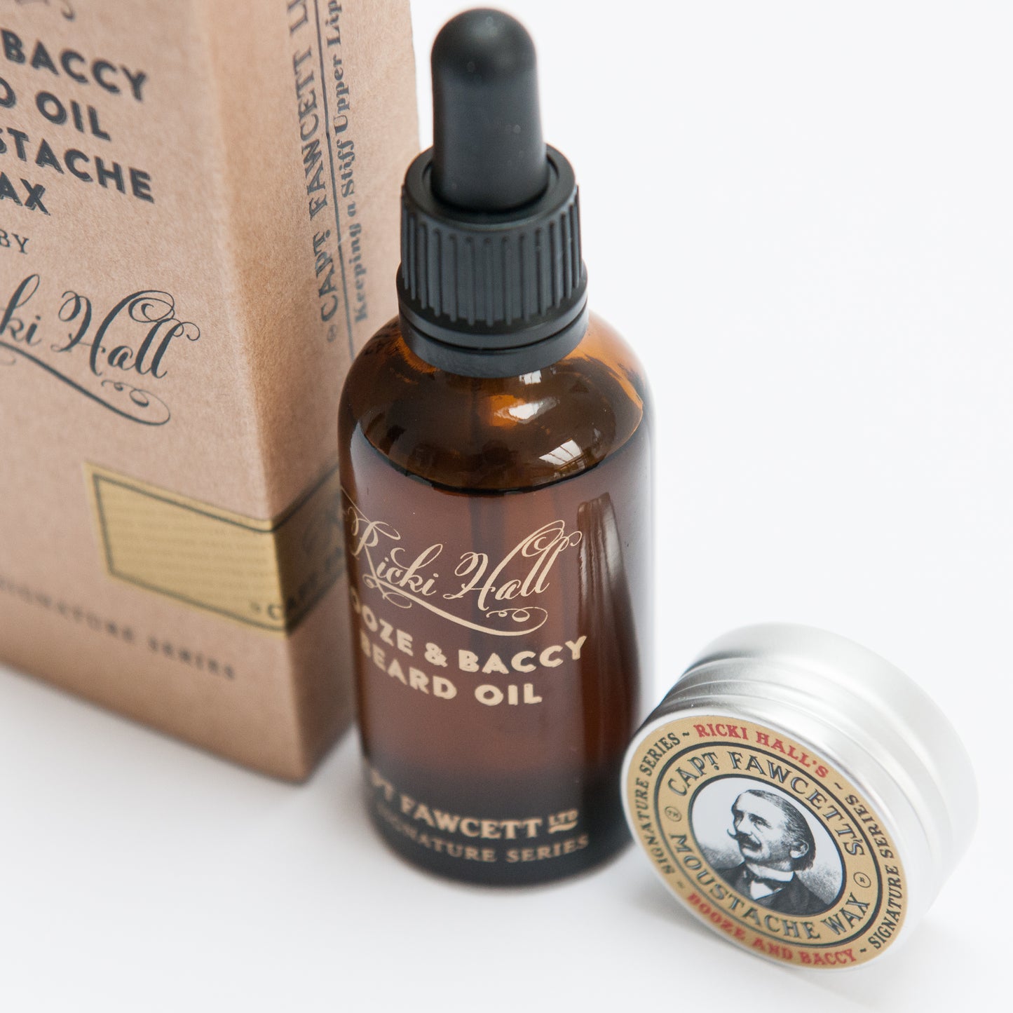 Captain Fawcett Ricki Hall Booze & Baccy Beard Oil and Moustache Wax Gift Set