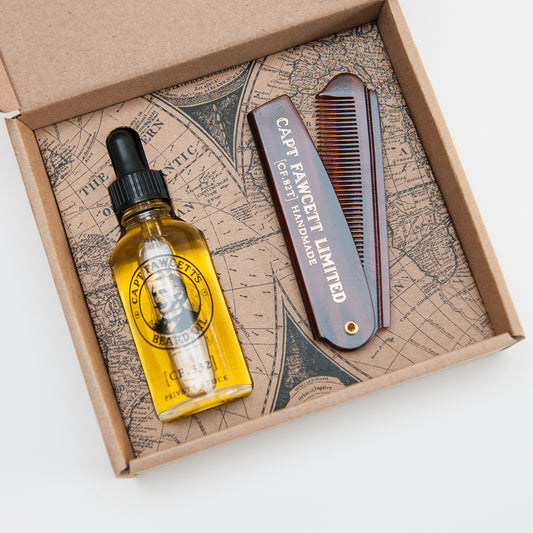 Captain Fawcett Private Stock Beard Oil and Folding Pocket Beard Comb Gift Set