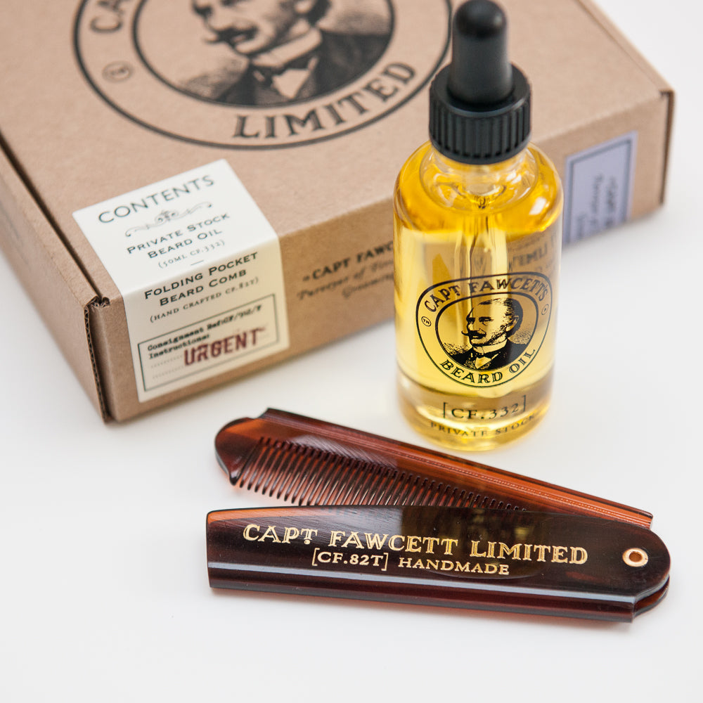 Captain Fawcett Private Stock Beard Oil and Folding Pocket Beard Comb Gift Set