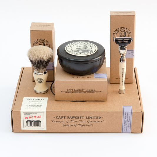 Captain Fawcett Shaving Gift Set with Shaving Brush, Mach 3 Razor and Shaving Soap in Wooden Bowl